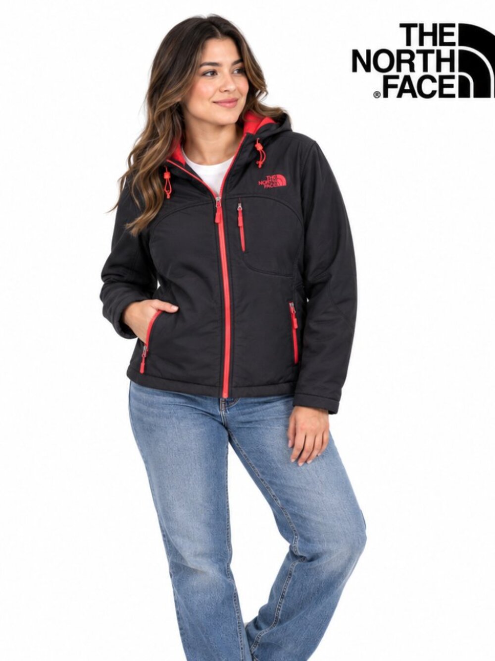 The North Face Womens XL Black Red Fleece Lined Hooded Softshell Jacket
